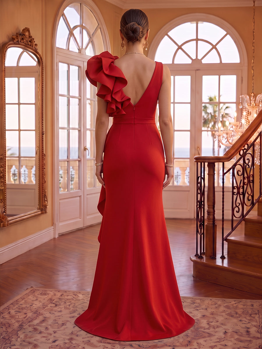 V Neck Sheath/Mermaid Satin Floor Length Evening Dresses with Slit