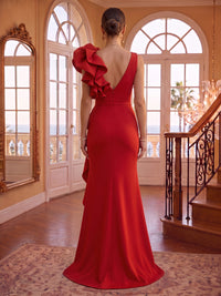 V Neck Sheath/Mermaid Satin Floor Length Evening Dresses with Slit
