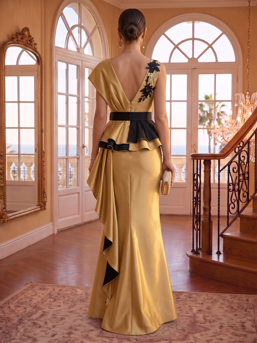 V Neck Sheath/Mermaid Satin Floor Length Evening Dresses