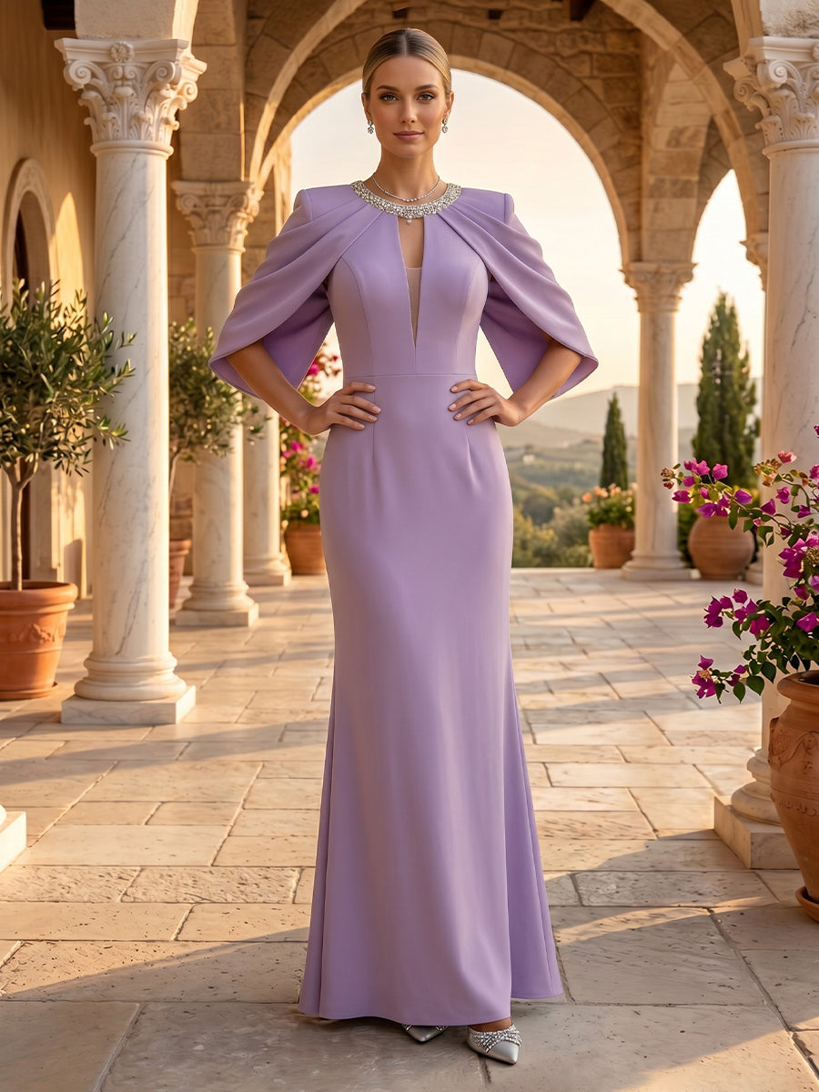 Jewel Sheath/Mermaid Satin Floor Length Evening Dresses with Sleeves