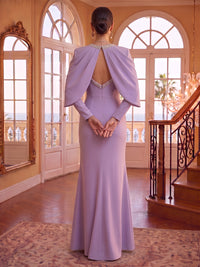 Jewel Sheath/Mermaid Satin Floor Length Evening Dresses with Sleeves