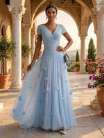 V Neck A Line Short Sleeves Ruched Long Evening Dresses