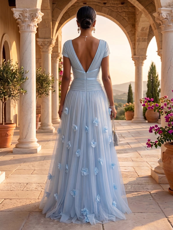 V Neck A Line Short Sleeves Ruched Long Evening Dresses
