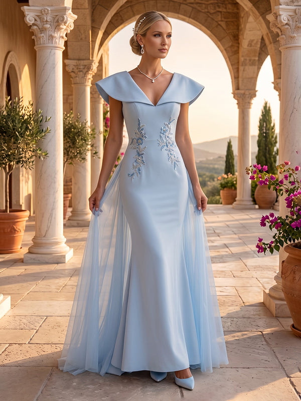 V Neck Mermaid Satin Sleeveless Rhinestone Long Evening Dresses
