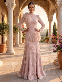High Neck Mermaid Satin Long Sleeves Evening Dresses