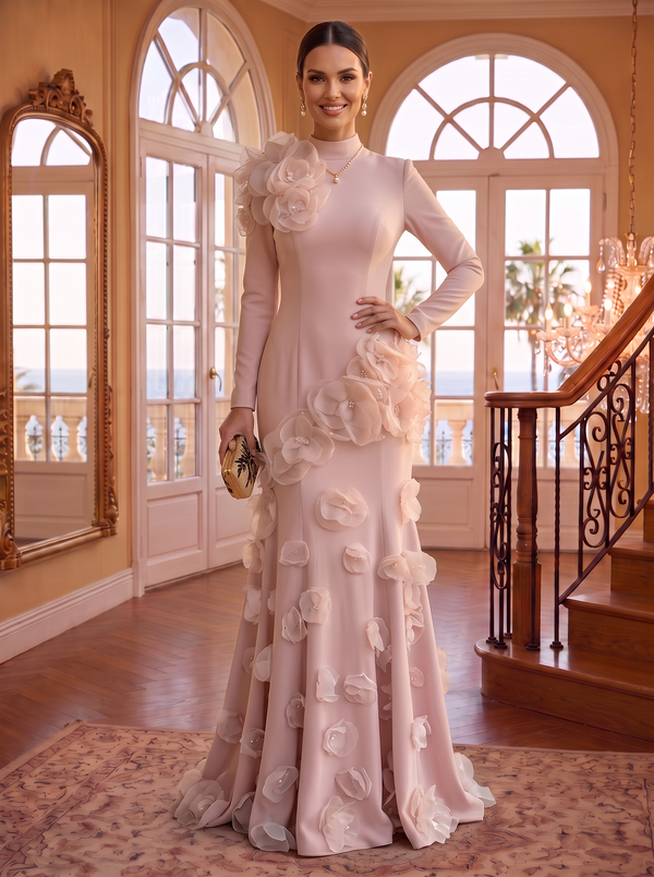 High Neck Mermaid Satin Long Sleeves Evening Dresses