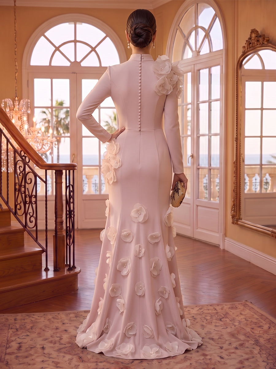 High Neck Mermaid Satin Long Sleeves Evening Dresses