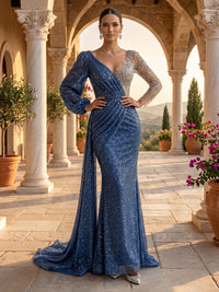 Sweetheart Mermaid Sequin Long Sleeves Long Evening Dresses