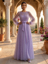 Jewel Tulle A Line Long Sleeves Floor Length Rhinestone Evening Dresses