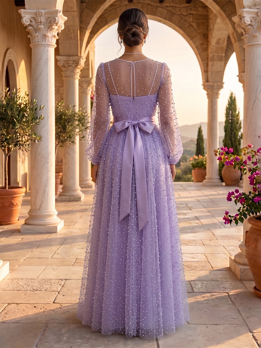 Jewel Tulle A Line Long Sleeves Floor Length Rhinestone Evening Dresses