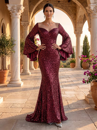 Scoop Neck Mermaid Sequin Long Sleeves Floor Length Evening Dresses