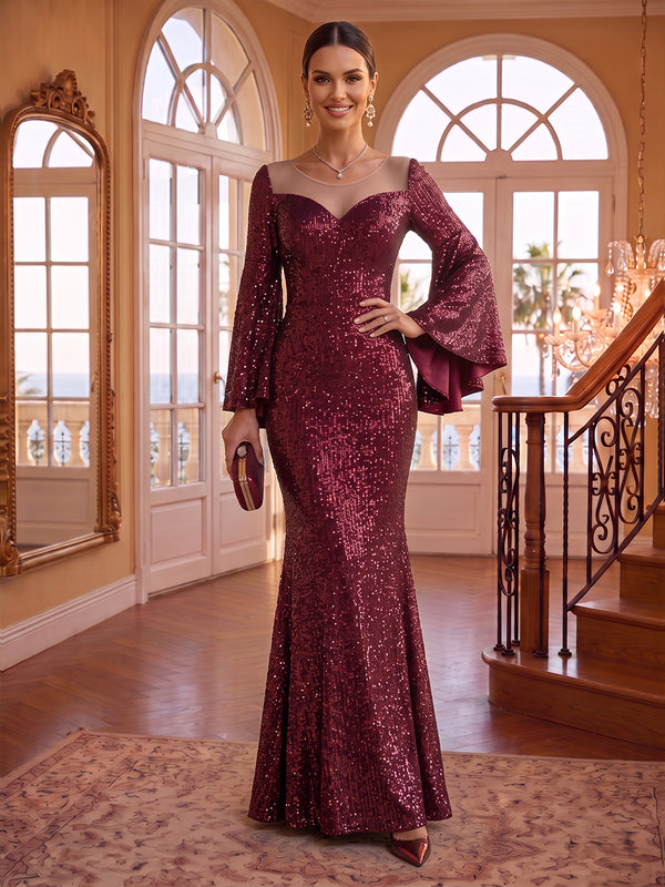 Scoop Neck Mermaid Sequin Long Sleeves Floor Length Evening Dresses