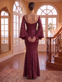 Scoop Neck Mermaid Sequin Long Sleeves Floor Length Evening Dresses