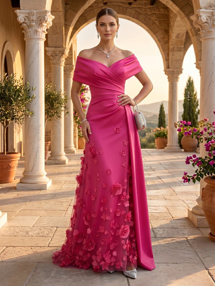 Off the Shoulder Satin Mermaid Lace Applique Sleeveless Evening Dresses