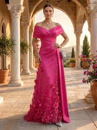 Off the Shoulder Satin Mermaid Lace Applique Sleeveless Evening Dresses