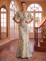 V Neck Satin Mermaid Jacquard Half Sleeves Evening Dresses
