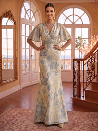 V Neck Satin Mermaid Jacquard Half Sleeves Evening Dresses