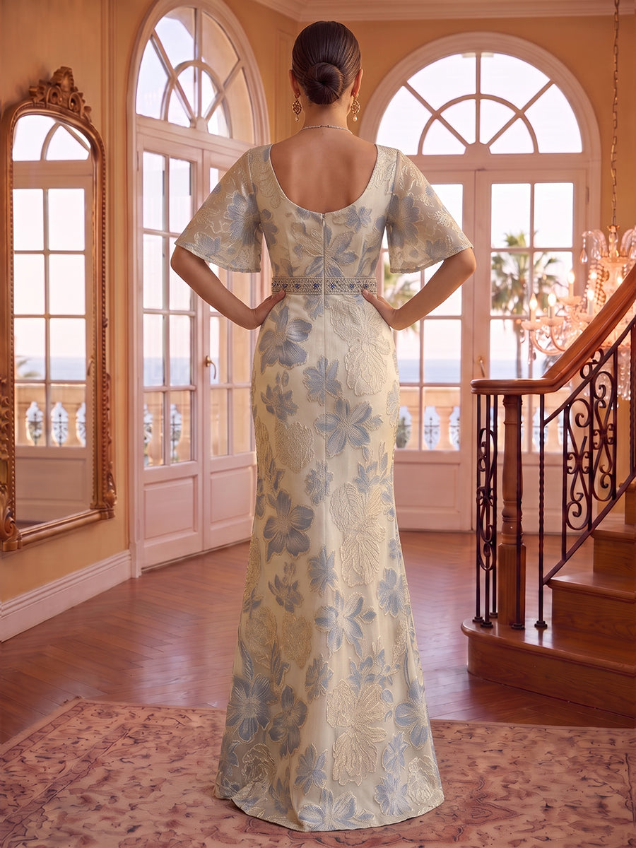 V Neck Satin Mermaid Jacquard Half Sleeves Evening Dresses