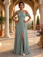 Off the Shoulder A Line Chiffon Sleeveless Floor Length Evening Dresses with Slit