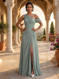 Off the Shoulder A Line Chiffon Sleeveless Floor Length Evening Dresses with Slit