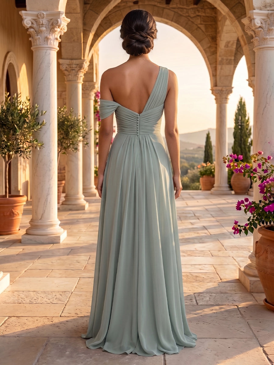 Off the Shoulder A Line Chiffon Sleeveless Floor Length Evening Dresses with Slit