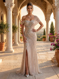 One Shoulder Mermaid Tulle Rhinestone Sleeveless  Evening Dresses with Slit