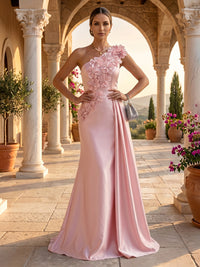 One Shoulder Satin Mermaid 3D Flower Sleeveless Long Evening Dresses