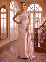 One Shoulder Satin Mermaid 3D Flower Sleeveless Long Evening Dresses