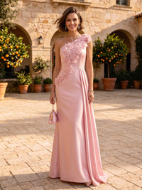 One Shoulder Satin Mermaid 3D Flower Sleeveless Long Evening Dresses