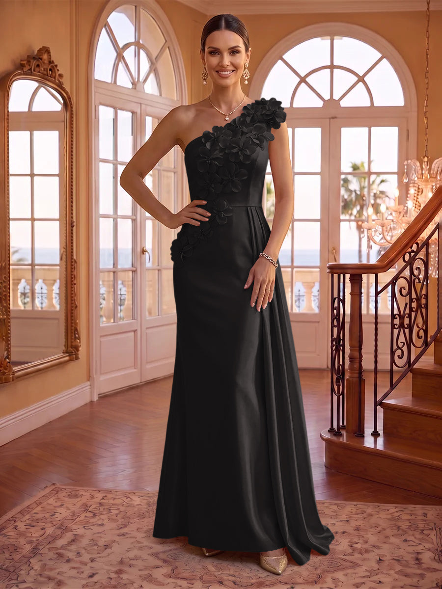 One Shoulder Satin Mermaid 3D Flower Sleeveless Long Evening Dresses