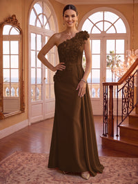 One Shoulder Satin Mermaid 3D Flower Sleeveless Long Evening Dresses