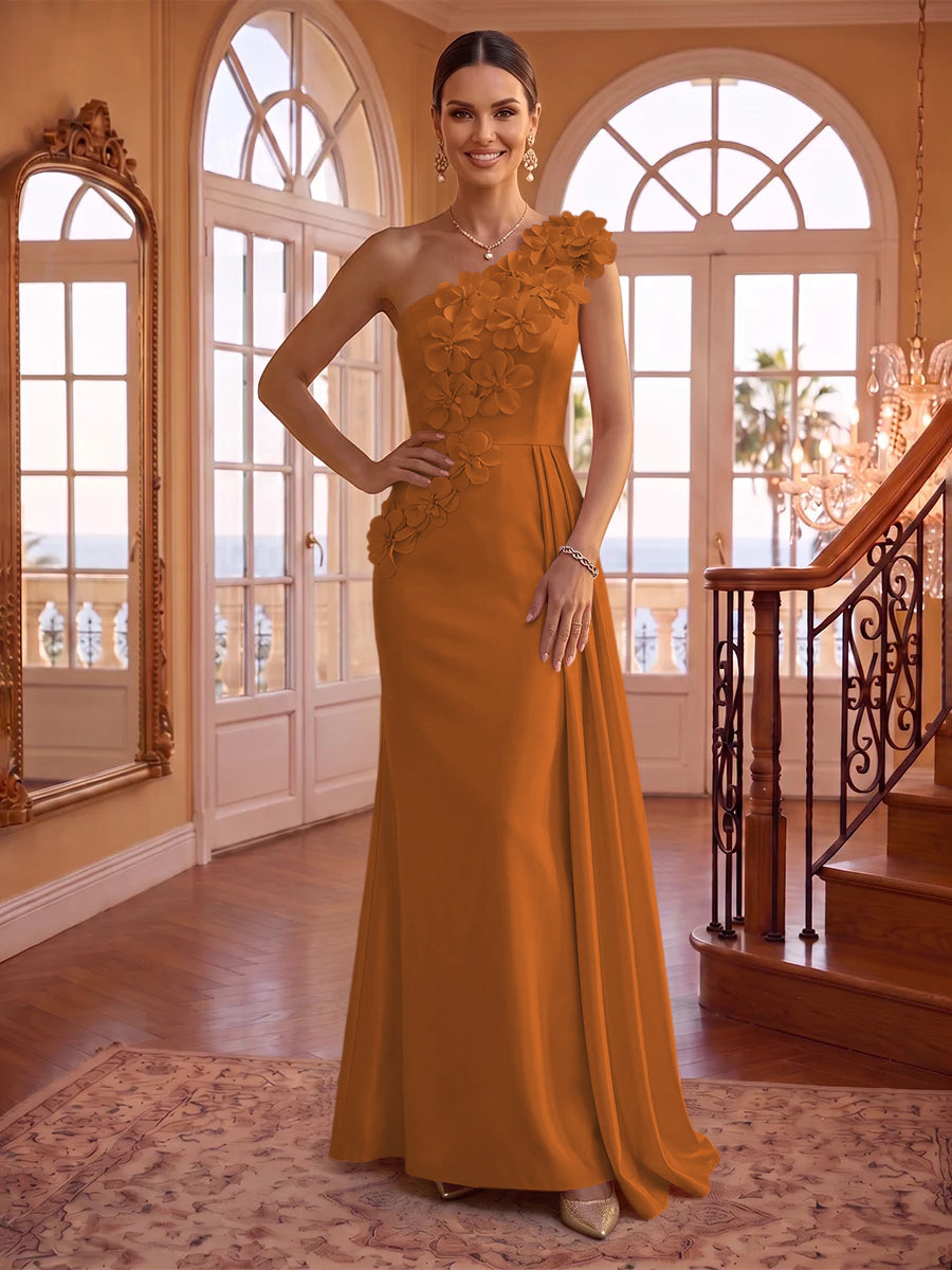 One Shoulder Satin Mermaid 3D Flower Sleeveless Long Evening Dresses