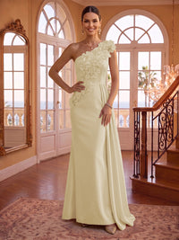 One Shoulder Satin Mermaid 3D Flower Sleeveless Long Evening Dresses