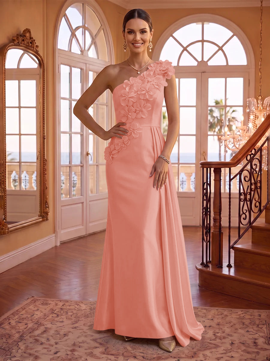 One Shoulder Satin Mermaid 3D Flower Sleeveless Long Evening Dresses