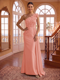 One Shoulder Satin Mermaid 3D Flower Sleeveless Long Evening Dresses