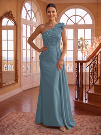 One Shoulder Satin Mermaid 3D Flower Sleeveless Long Evening Dresses