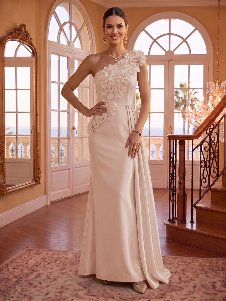 One Shoulder Satin Mermaid 3D Flower Sleeveless Long Evening Dresses
