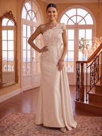 One Shoulder Satin Mermaid 3D Flower Sleeveless Long Evening Dresses