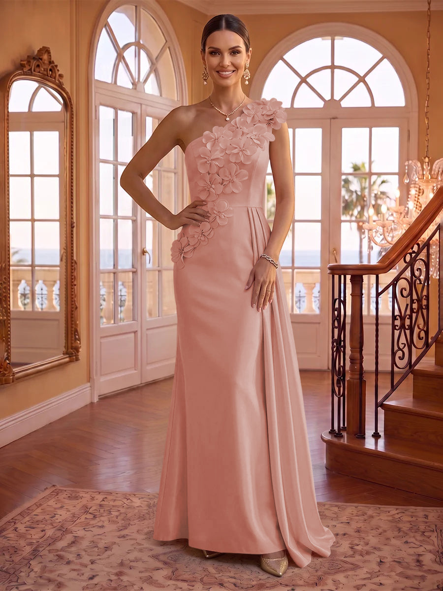 One Shoulder Satin Mermaid 3D Flower Sleeveless Long Evening Dresses