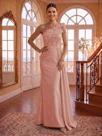 One Shoulder Satin Mermaid 3D Flower Sleeveless Long Evening Dresses