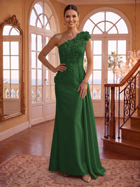 One Shoulder Satin Mermaid 3D Flower Sleeveless Long Evening Dresses
