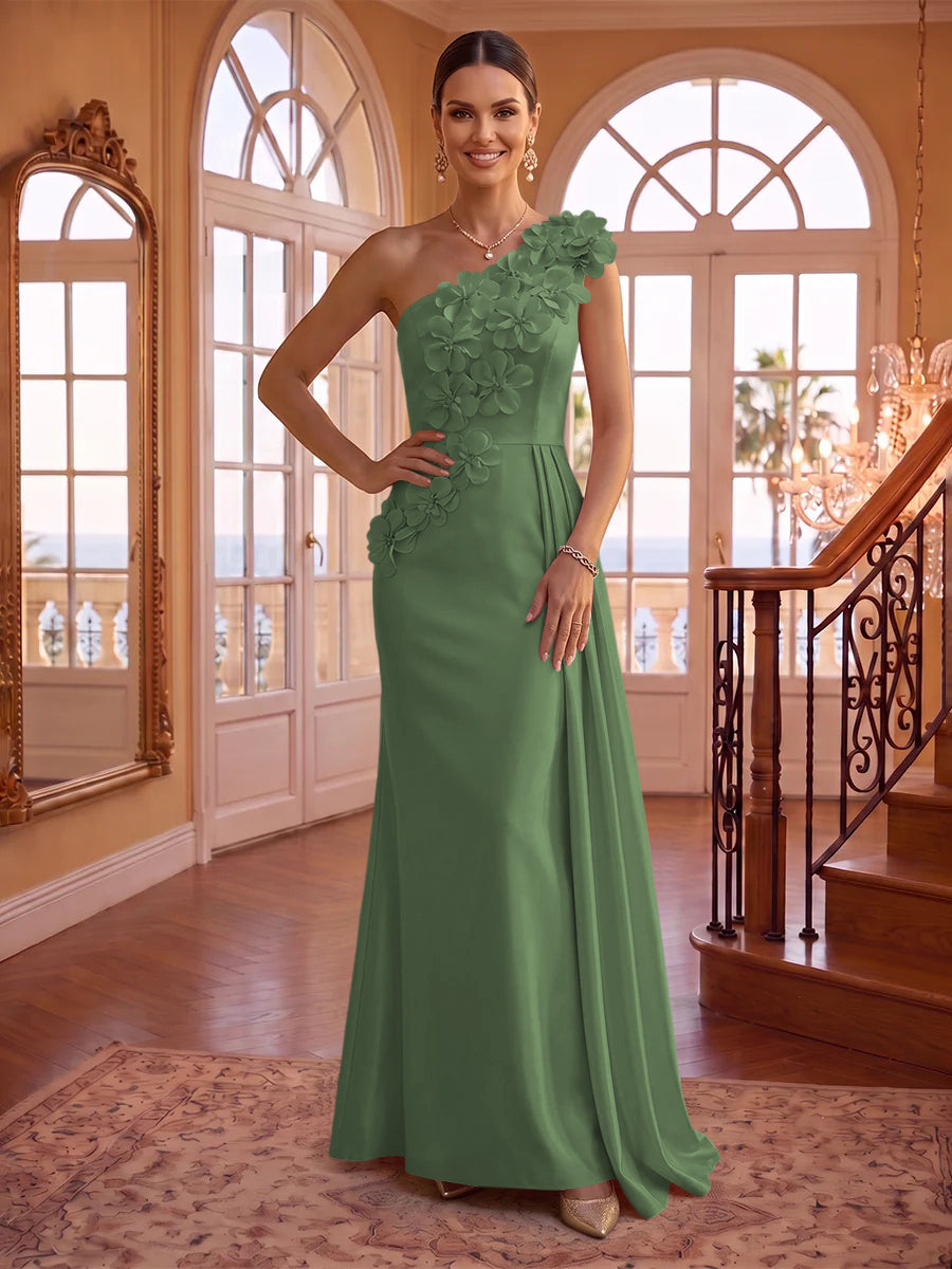 One Shoulder Satin Mermaid 3D Flower Sleeveless Long Evening Dresses