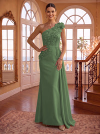 One Shoulder Satin Mermaid 3D Flower Sleeveless Long Evening Dresses