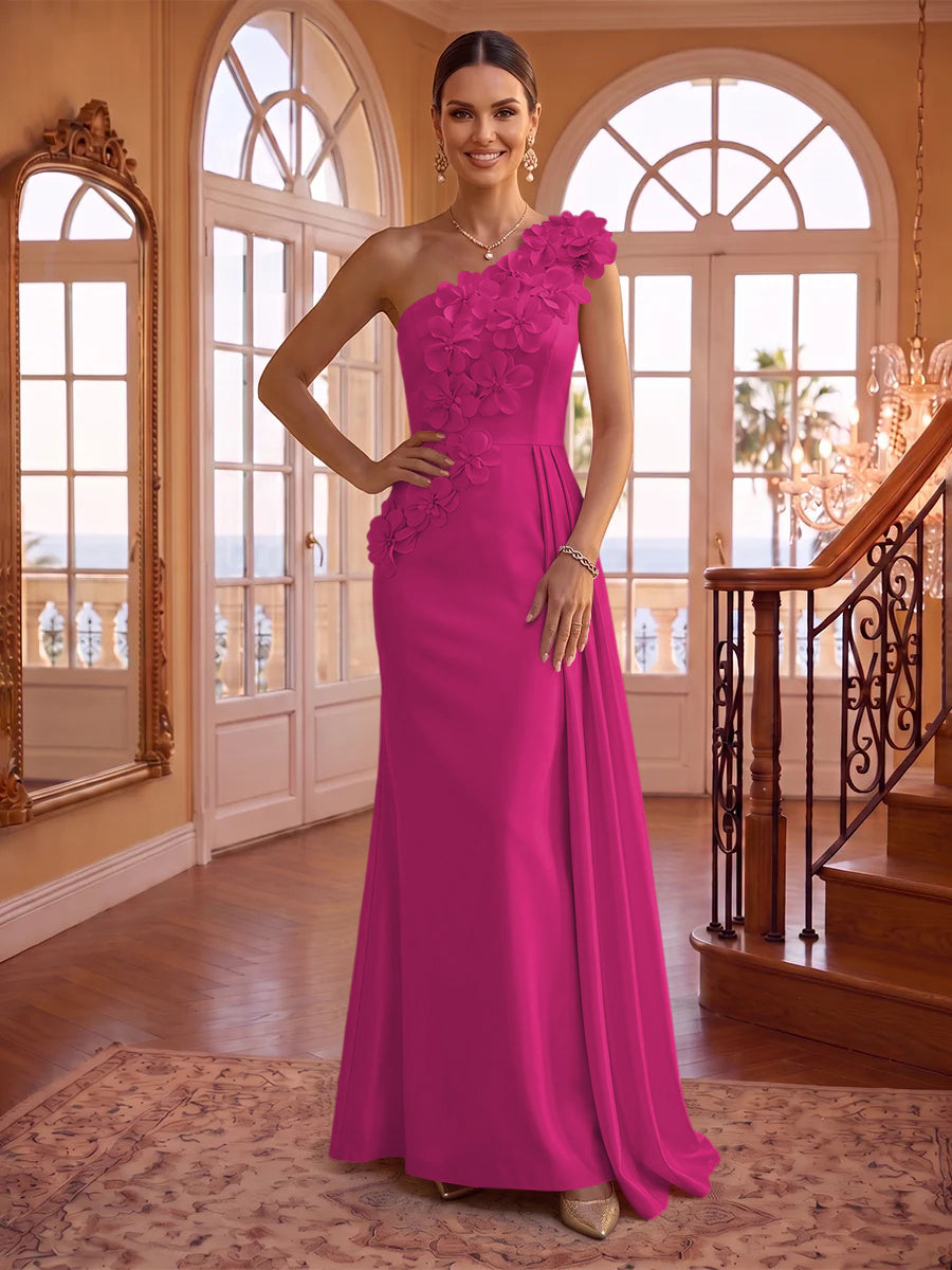 One Shoulder Satin Mermaid 3D Flower Sleeveless Long Evening Dresses