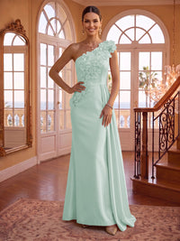 One Shoulder Satin Mermaid 3D Flower Sleeveless Long Evening Dresses