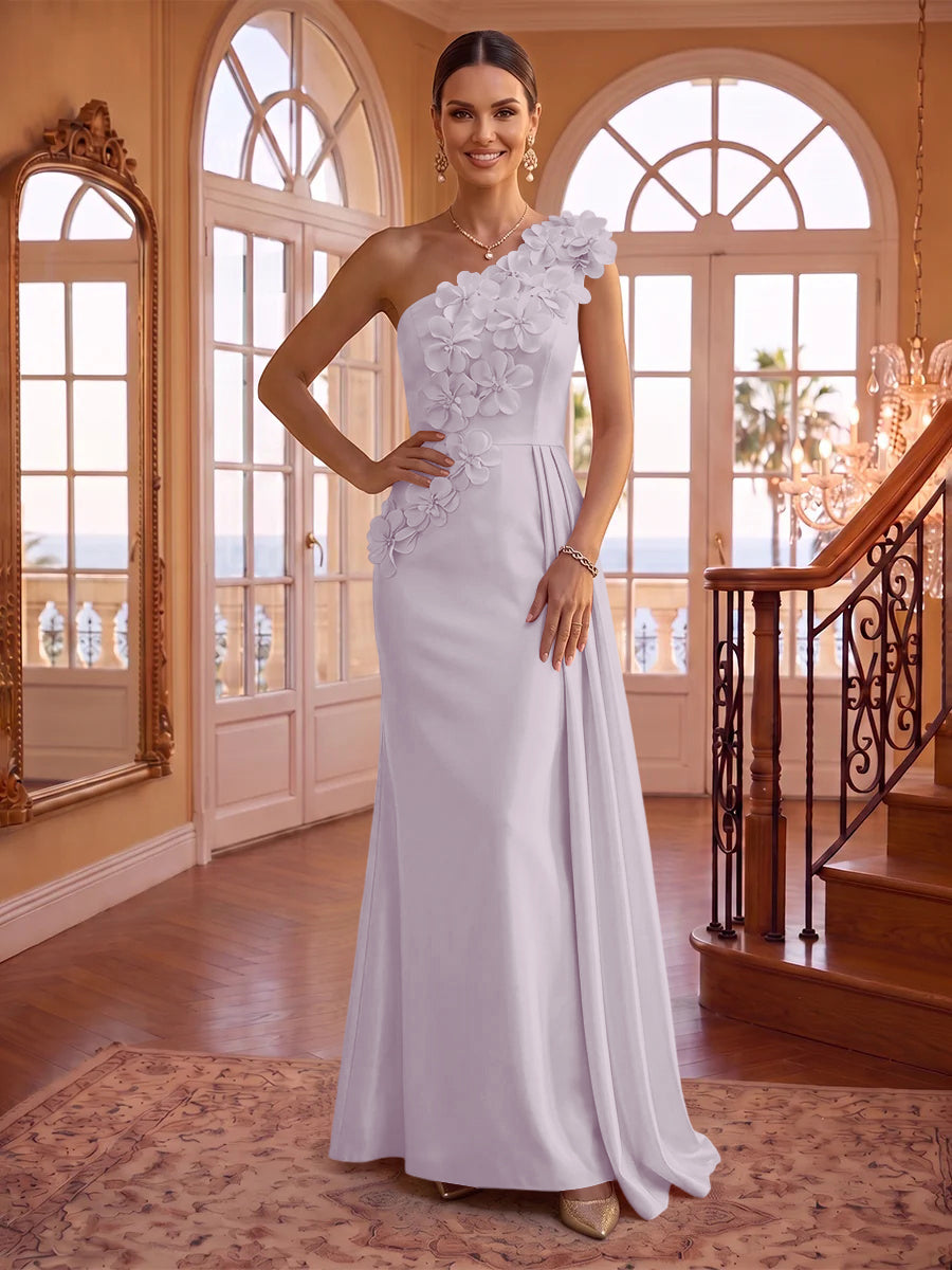 One Shoulder Satin Mermaid 3D Flower Sleeveless Long Evening Dresses