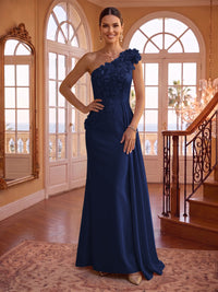 One Shoulder Satin Mermaid 3D Flower Sleeveless Long Evening Dresses