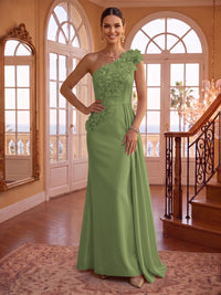 One Shoulder Satin Mermaid 3D Flower Sleeveless Long Evening Dresses
