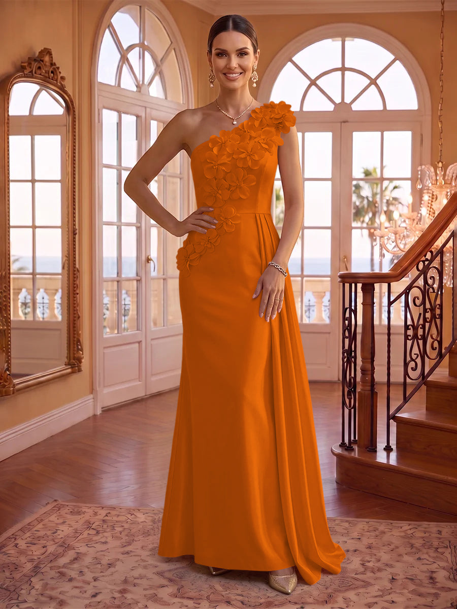 One Shoulder Satin Mermaid 3D Flower Sleeveless Long Evening Dresses