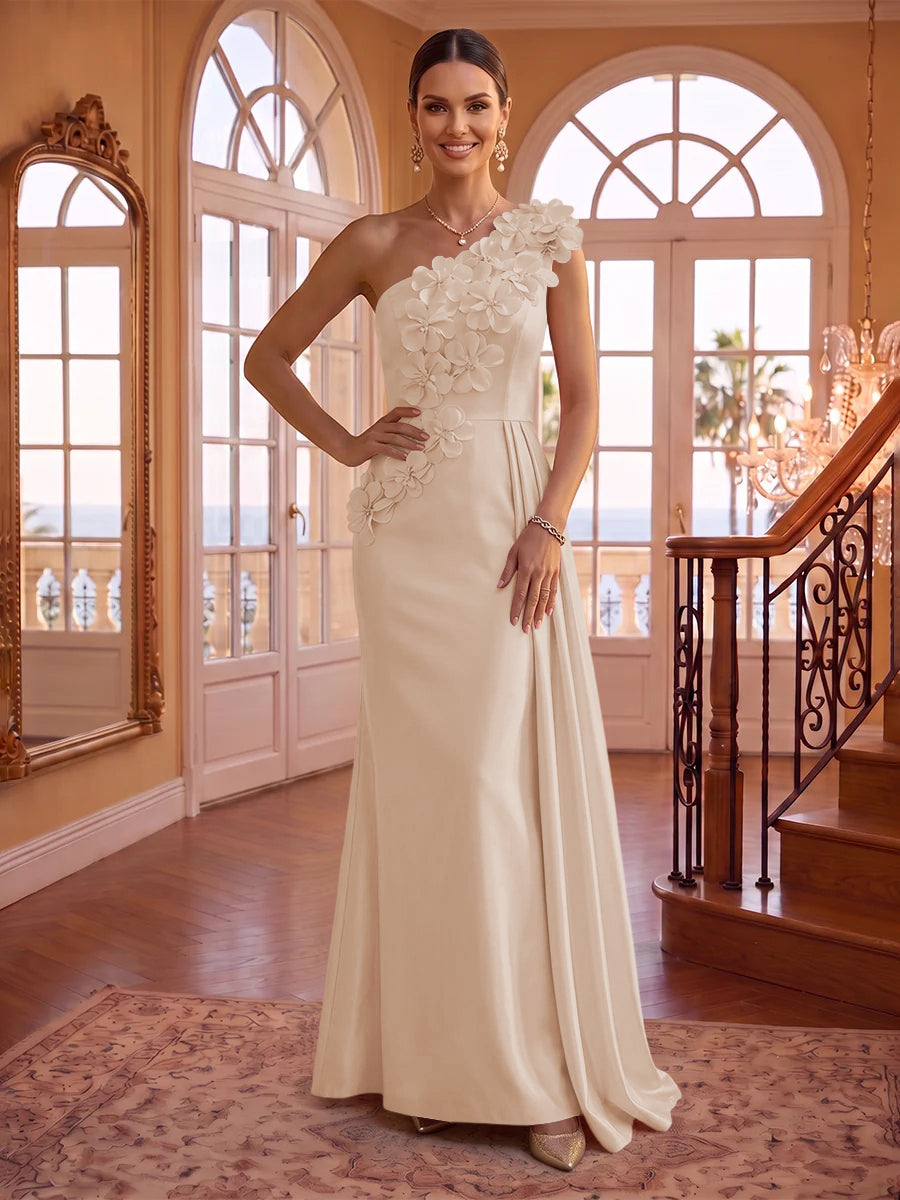 One Shoulder Satin Mermaid 3D Flower Sleeveless Long Evening Dresses